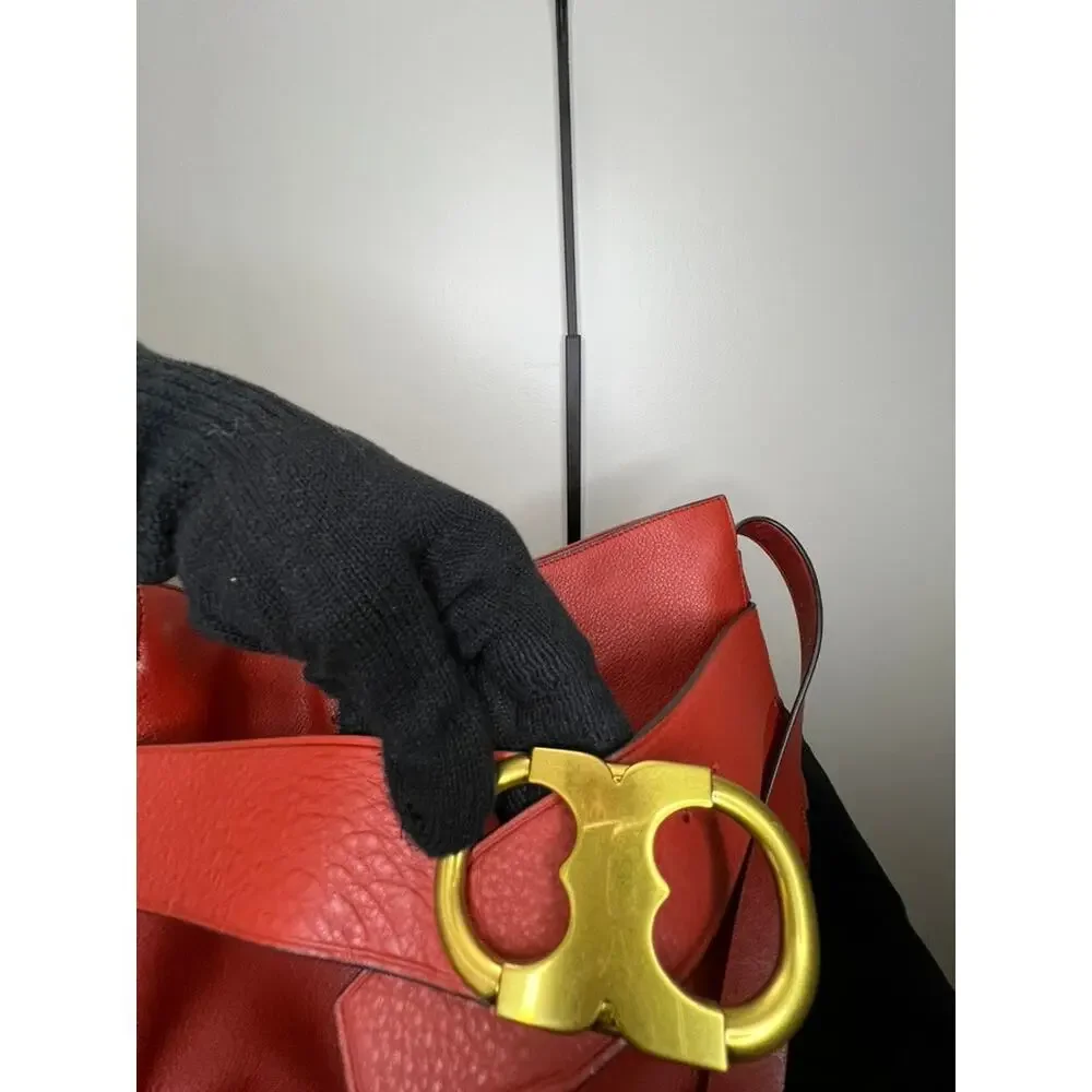 Tory Burch Gemini Link Belted Hobo Red Pebbled Leather Shoulder Bag